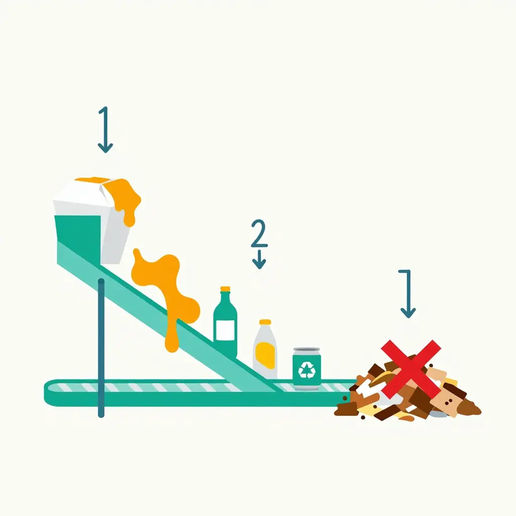 Flat 2D schematic diagram illustrating grease contamination in the recycling stream: a greasy takeout container enters a conveyor line, grease spreads onto clean bottles, cans, and paper, and a mixed recyclables bale is marked rejected and sent to landfill.