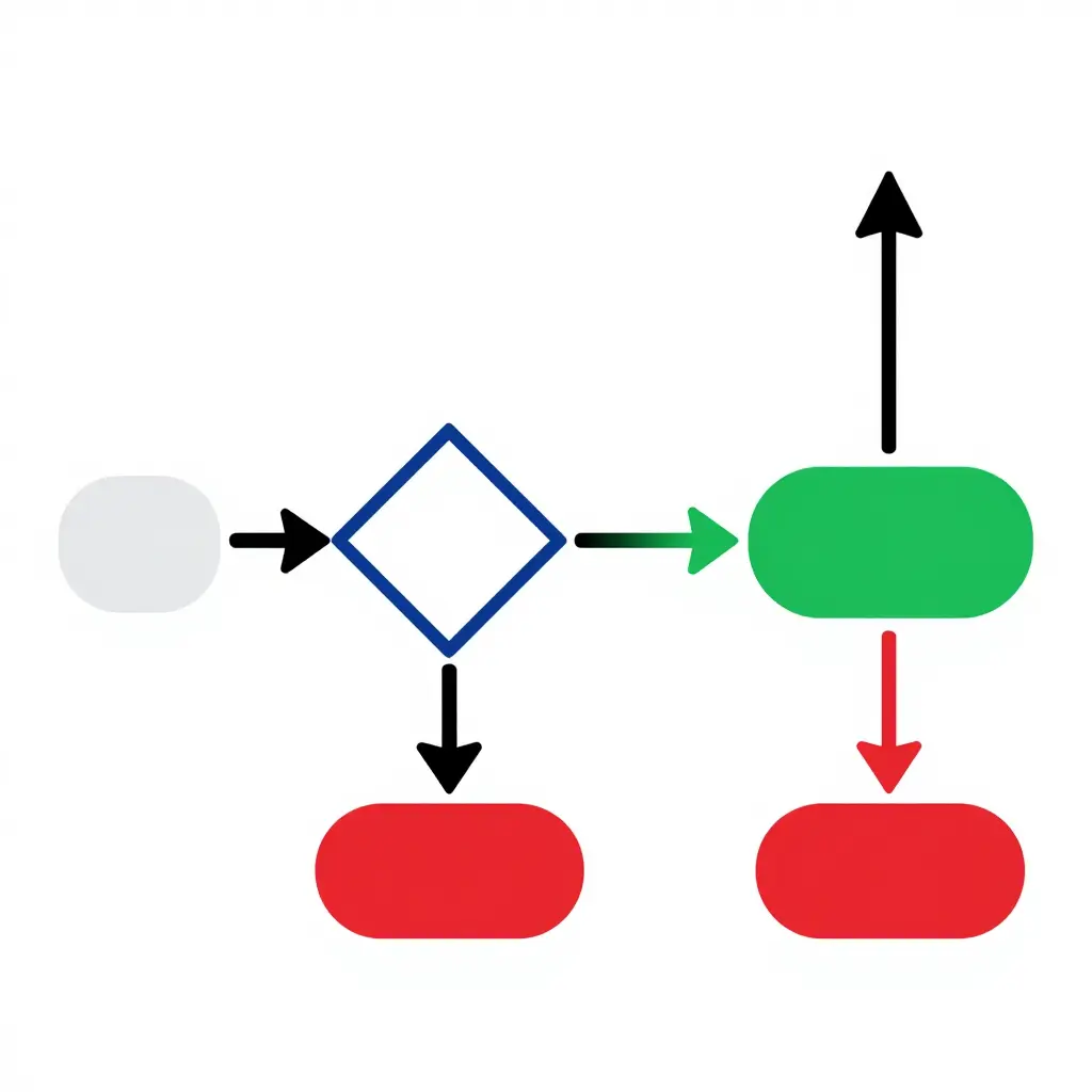 Flat two-dimensional yes/no decision flowchart showing two decision gates, a green accept path and a red reject path.