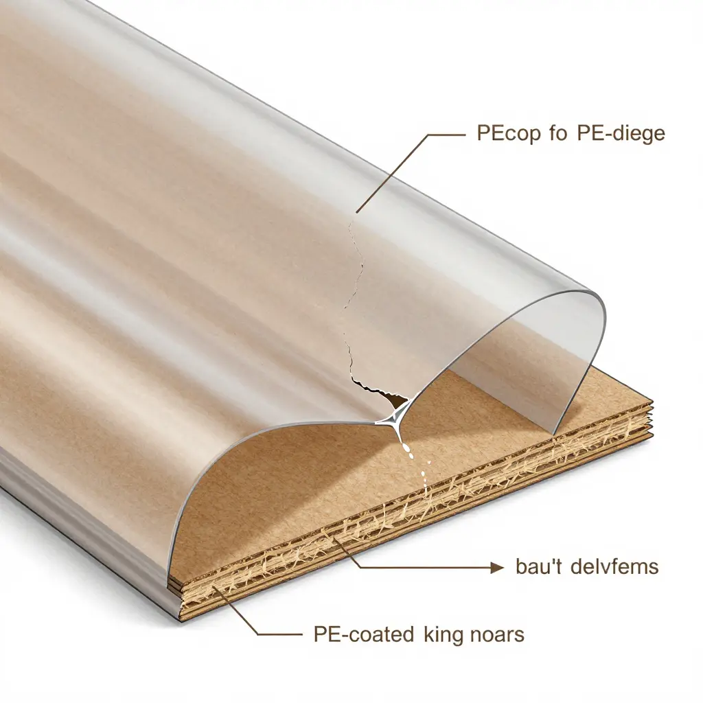 Cross-section diagram of a folded PE-coated kraft board showing strained coating, micro-cracks at the crease, a delamination gap and moisture entering exposed fibre edges
