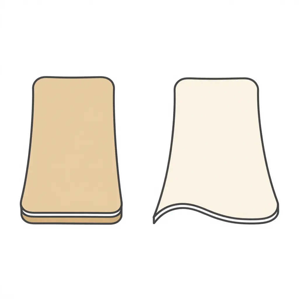 Flat 2D cross-section schematic of a PE-lined kraft board, drawn flat on the left and folded at a bend radius on the right, showing a visible wedge-shaped gap opening between the thin PE film and the fibre surface at the crease.