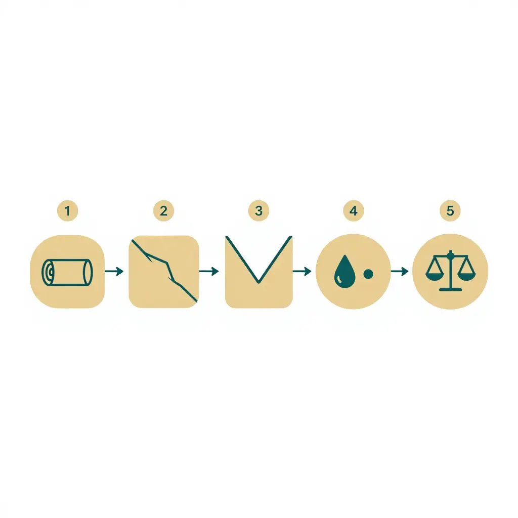 Minimal two-colour flow diagram showing five numbered stages in a left-to-right sequence: incoming roll or sheet sample, peel test, fold and crease test, grease and water hold test, and release or hold decision, linked by thin arrows.