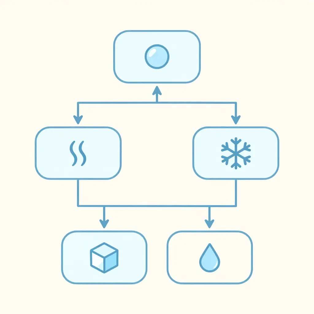 Flat 2D vector decision-tree flowchart showing a single starting node branching into a hot-fill path and a cold path, with the cold side further splitting into frozen and chilled branches using rounded rectangles and arrows with no text