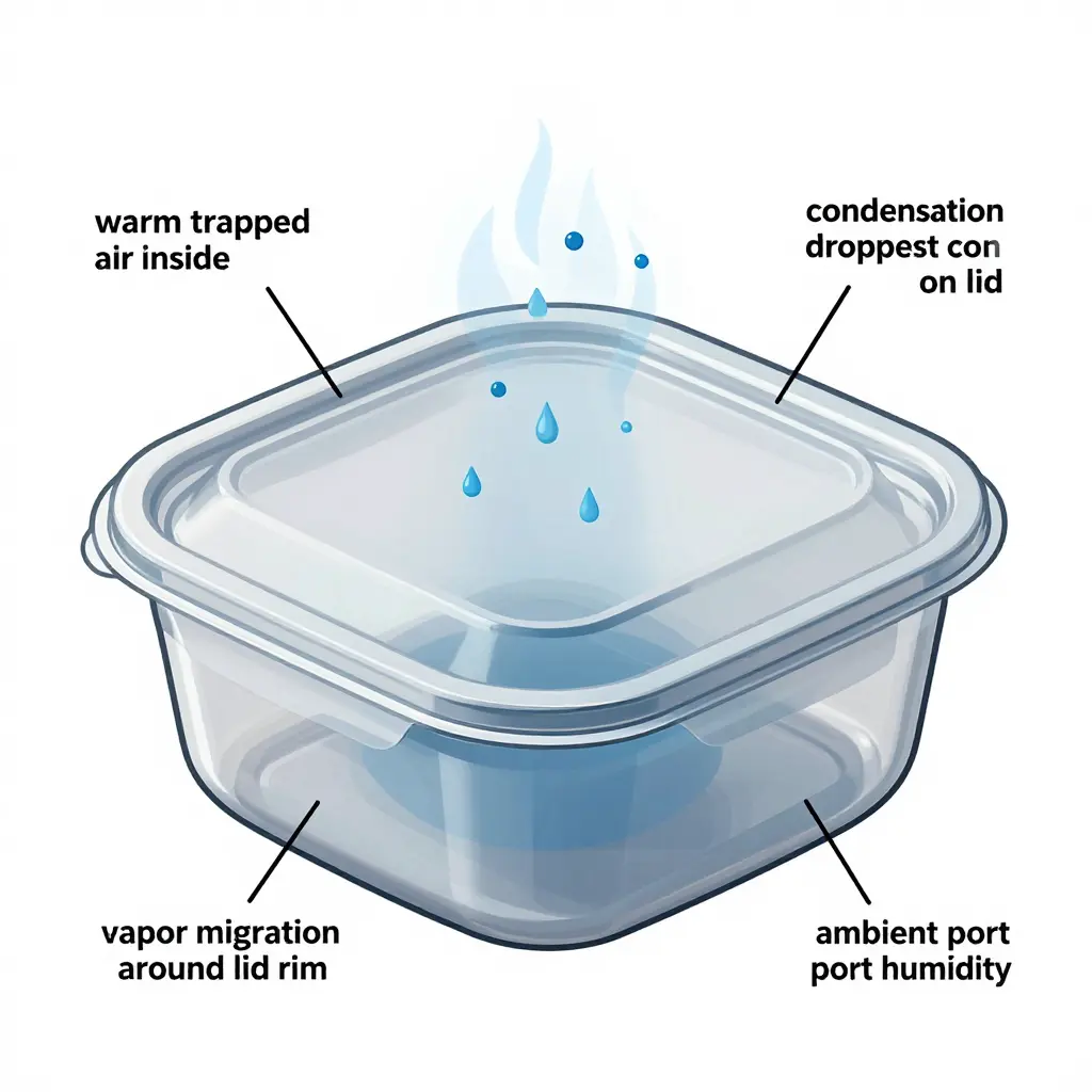 Cross-section diagram of condensation forming on a container lid during humid port storage