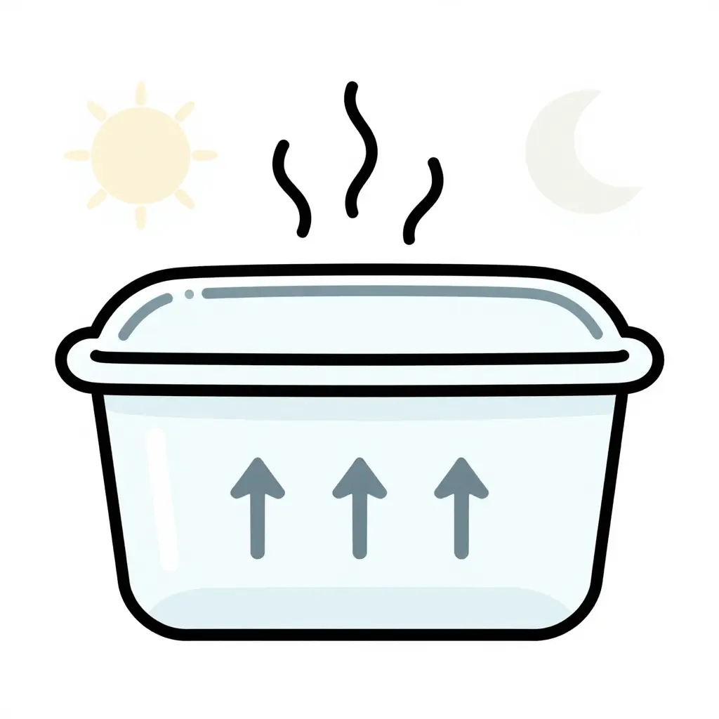2D cross-section schematic of a closed plastic food container lid showing warm humid vapor rising and cooling into droplets during a day/night temperature swing