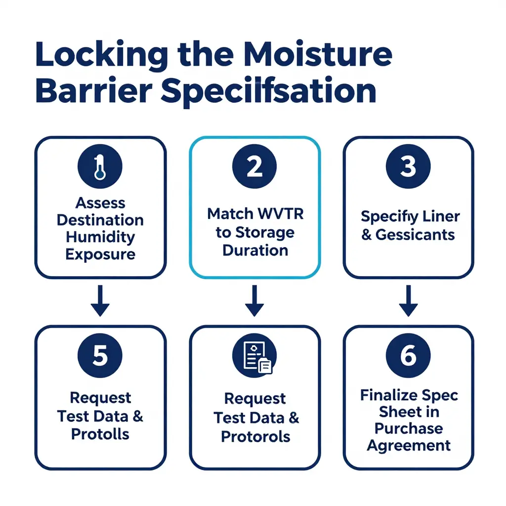 Six-step flowchart for locking the moisture barrier specification, from assessing humidity exposure to finalizing the spec sheet