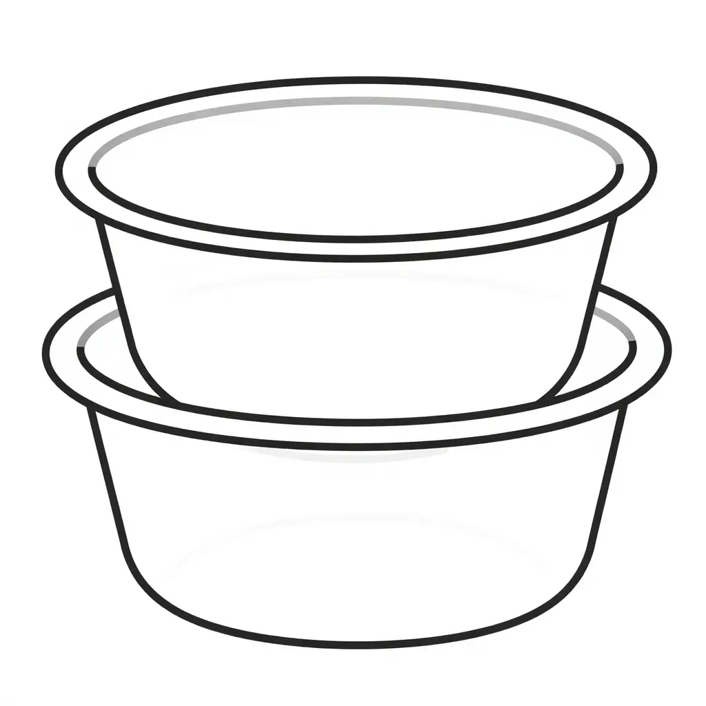 Cross-section of two nested round plastic food containers showing the upper tub rim contacting the lower tub rim, the sidewall taper angle, and the trapped-air pocket between the nested walls