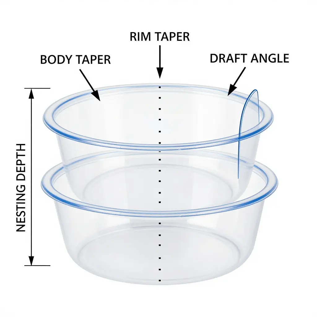 Cross-section of two nested round plastic food containers showing body taper, rim taper, draft angle, and nesting depth