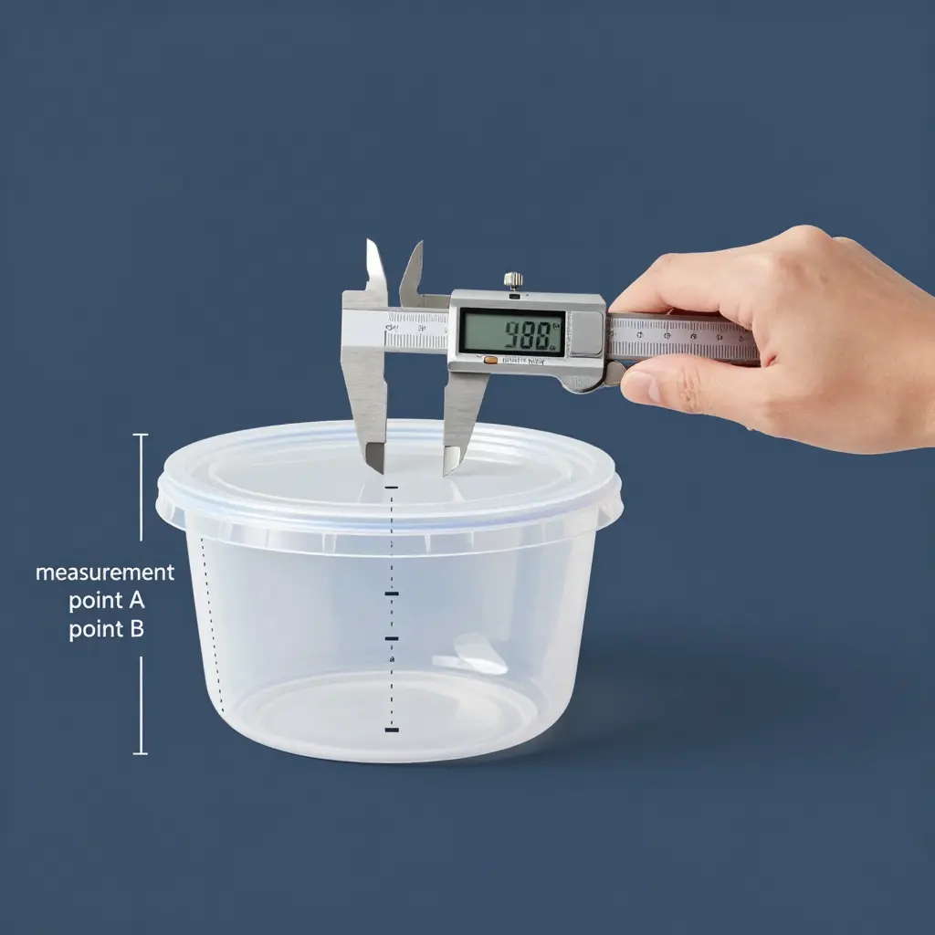 Packaging engineer measuring the taper of a round plastic food container with digital calipers at two height points