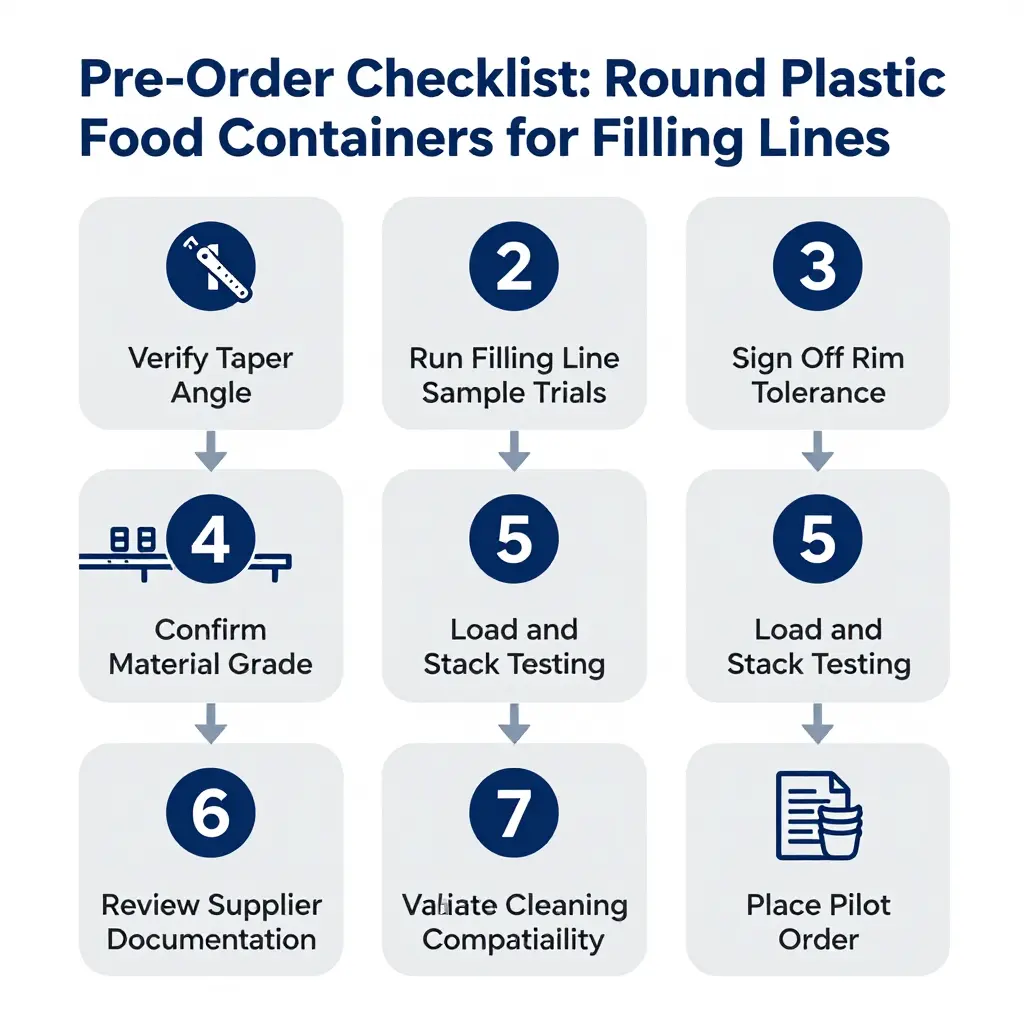 Eight-step pre-order checklist flowchart for round plastic food containers