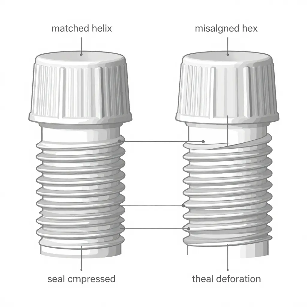 Engineering schematic comparing matched thread engagement with a cross-threaded closure on a plastic container neck, annotated with misaligned helix, incomplete engagement, thread deformation, and seal failure