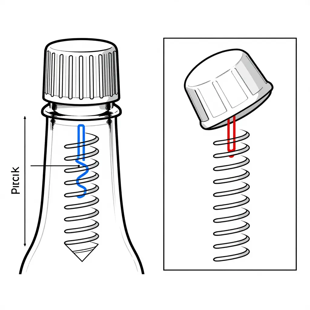 Technical diagram of proper thread engagement versus cross-threading on a plastic screw cap and bottle neck finish