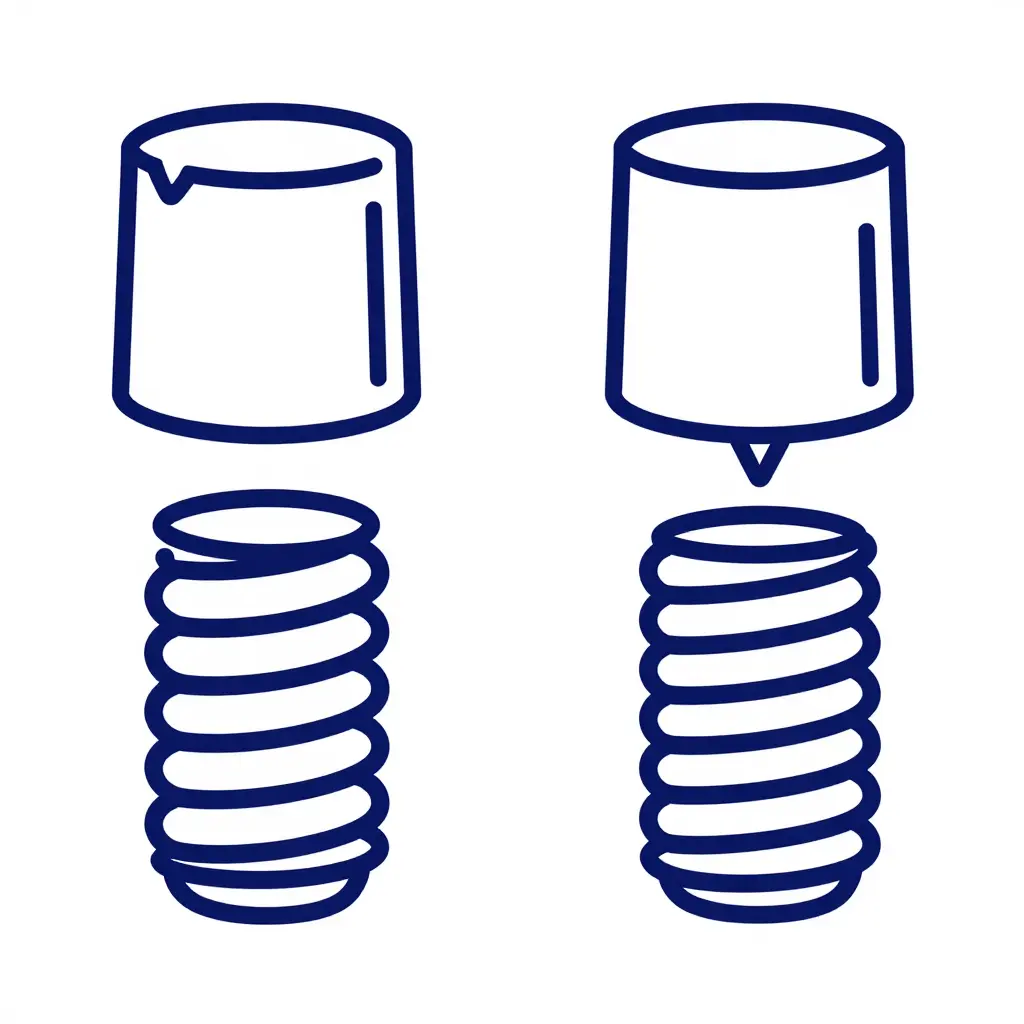 Two-panel line schematic: left panel shows a closure thread correctly following the container thread helix through the lead-in chamfer and seating in the thread root; right panel shows the closure thread entering off-helix and landing on the thread flank instead of the root, producing misalignment.