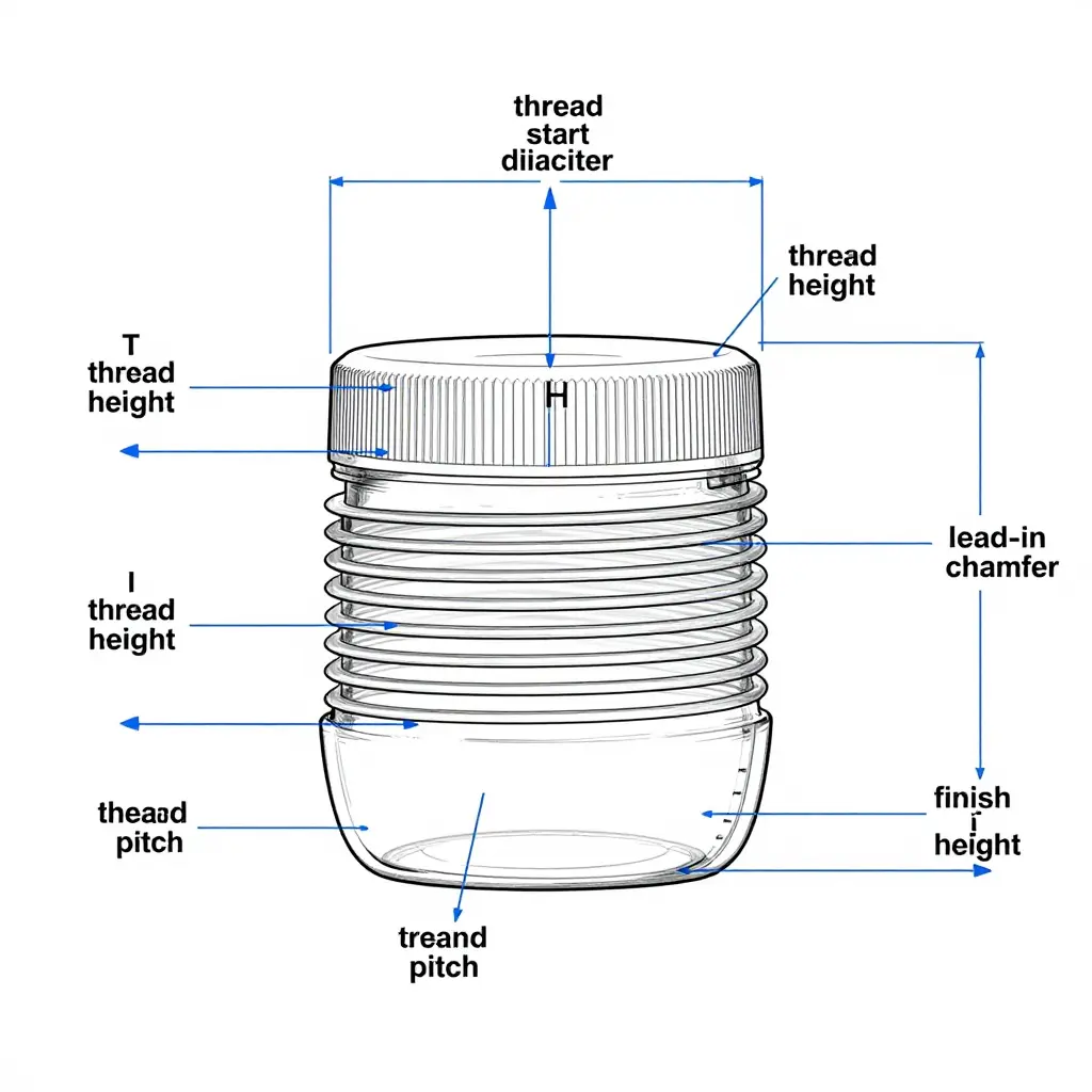Labeled technical cross-section of a plastic screw-cap container neck finish showing the T, E, H, S, and I dimensions, thread pitch, flank angle, lead-in chamfer, and finish height.