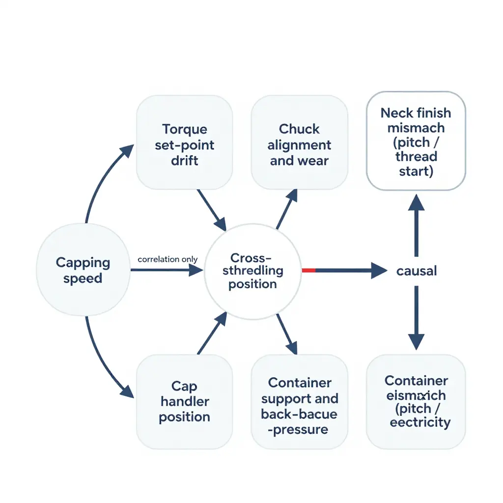 Root-cause diagram separating correlation from causation, with capping speed linked to cross-threading only through confounders while neck finish mismatch is shown as the direct causal input