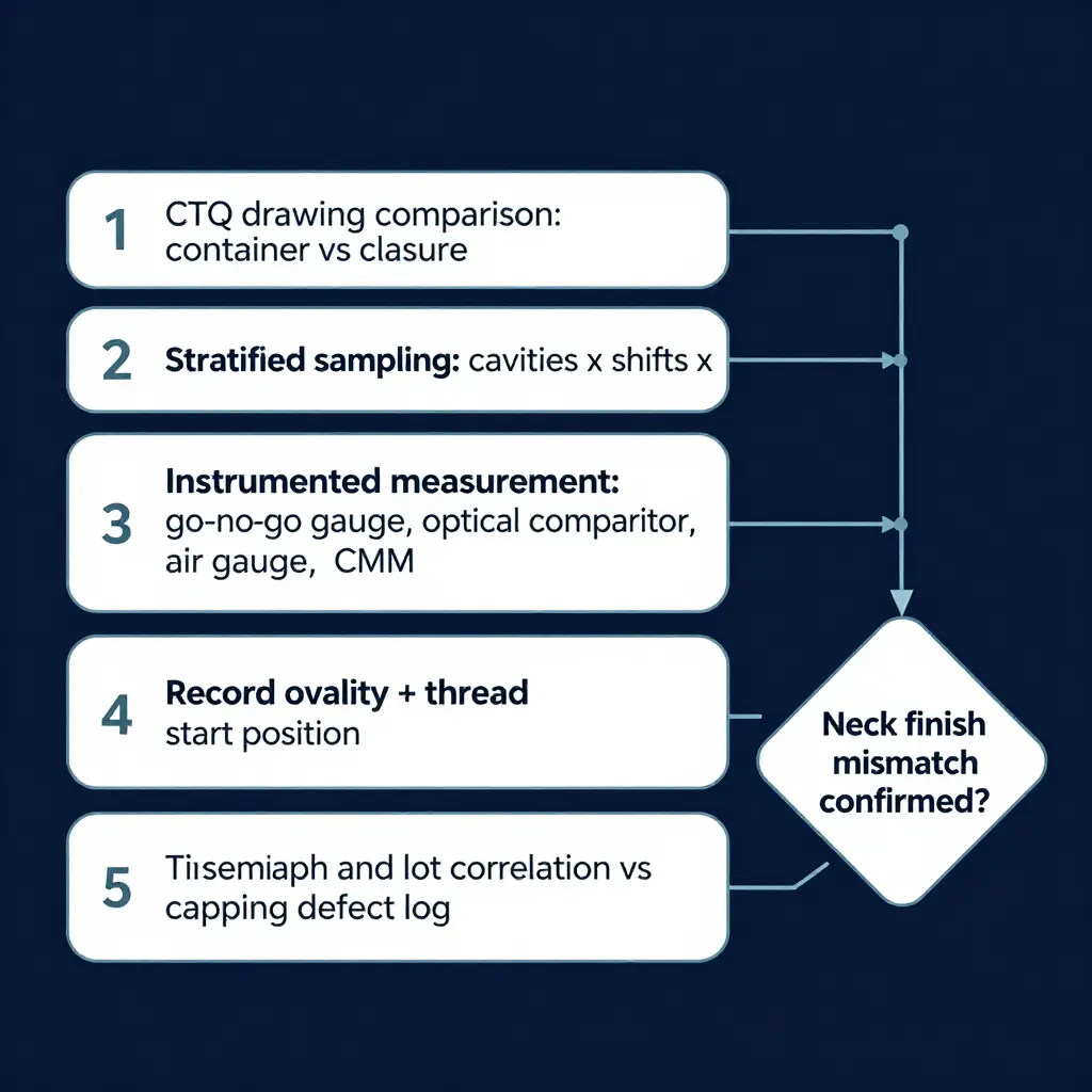 Five-step workflow for confirming neck finish mismatch with objective measurement data