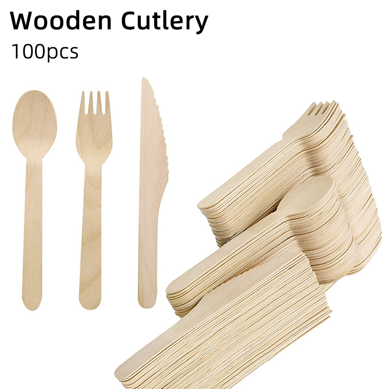 16cm Disposable Wooden Tableware Set Forks Spoons Knives Parties Weddings Cafes Environmentally Friendly Wooden Tableware