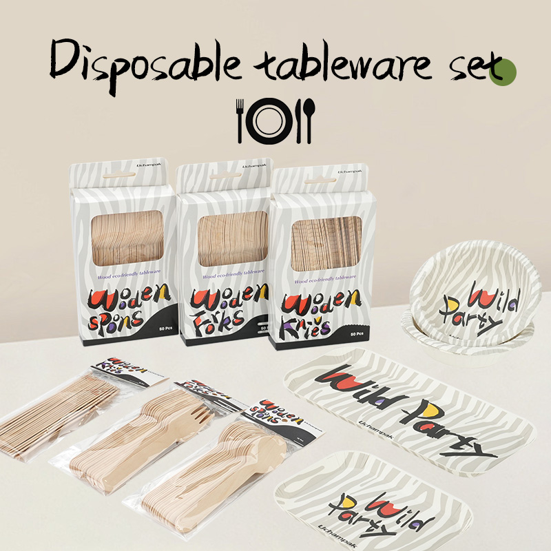 Disposable paper plate tableware set wooden knife, fork and spoon set paper plate paper bowl zebra pattern tableware