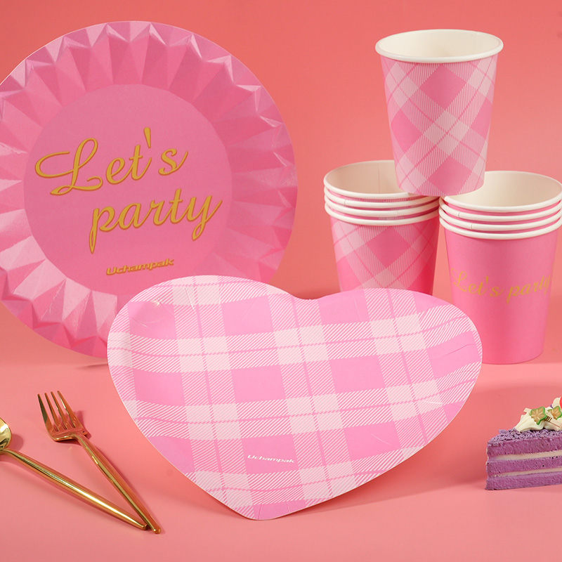 Pink Tableware Birthday Plates Cups Disposable Dinnerware Paper Cups Plate Forks Knifes Spoons For Kid Shower Supplies