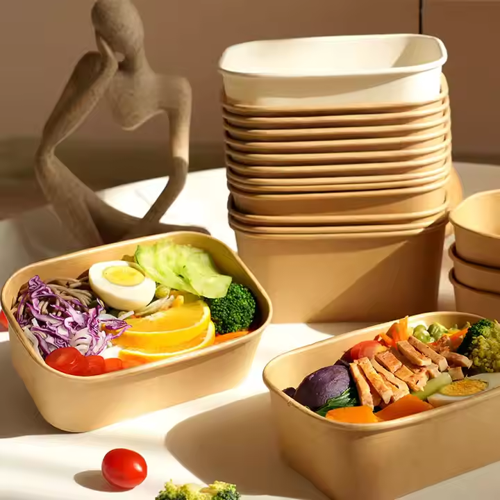 Disposable Kraft Paper Bowls Food Containers with Lids – Bulk 500ml to 1000ml Rectangular Bowls for Takeaway