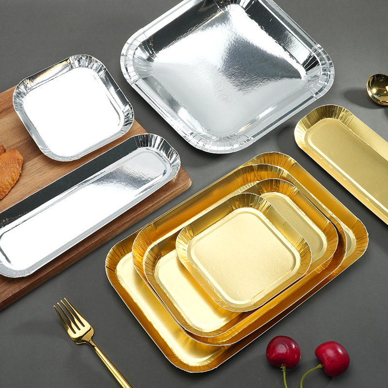 Golden Silver Trays Dinner Plates Disposable Paper Plate Birthday Wedding Party Tableware Golden Disposable Paper Tray