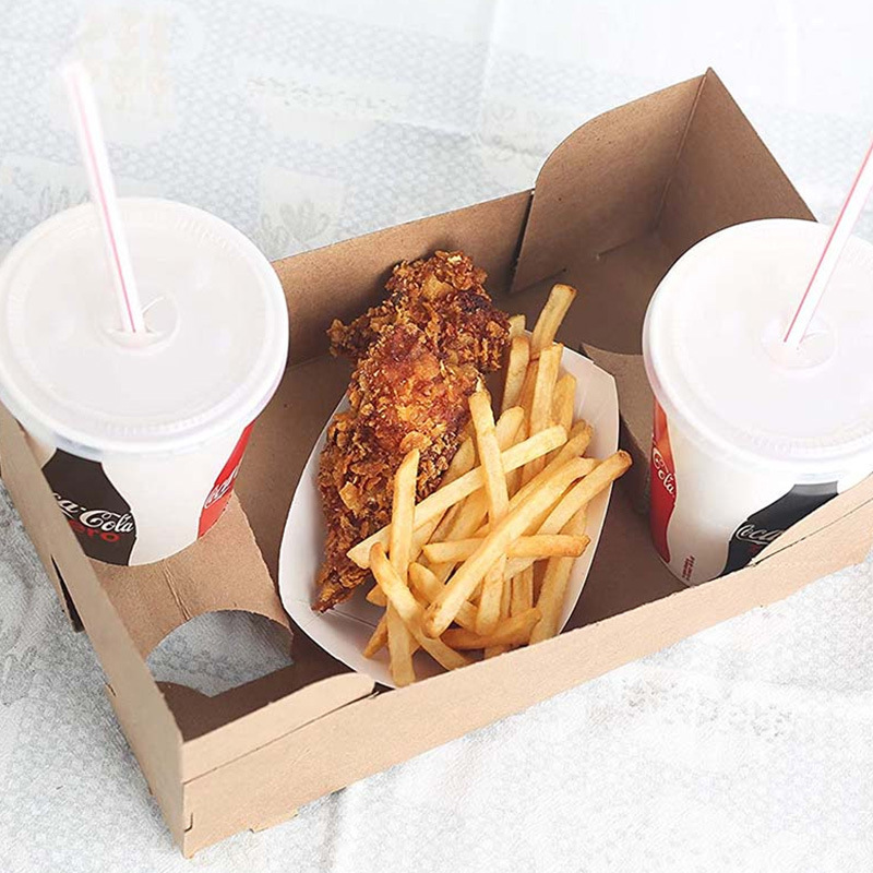 Takeaway Food Trays with Cup Holder Paper Snack Container With Oilproof Paper Takeaway Box French Fries Tray Disposable Kraft Paper Snack Box Food Trays - Image 3