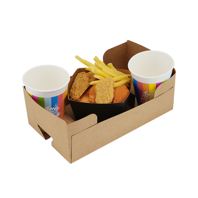 Takeaway Food Trays with Cup Holder Paper Snack Container With Oilproof Paper Takeaway Box French Fries Tray Disposable Kraft Paper Snack Box Food Trays - Image 6