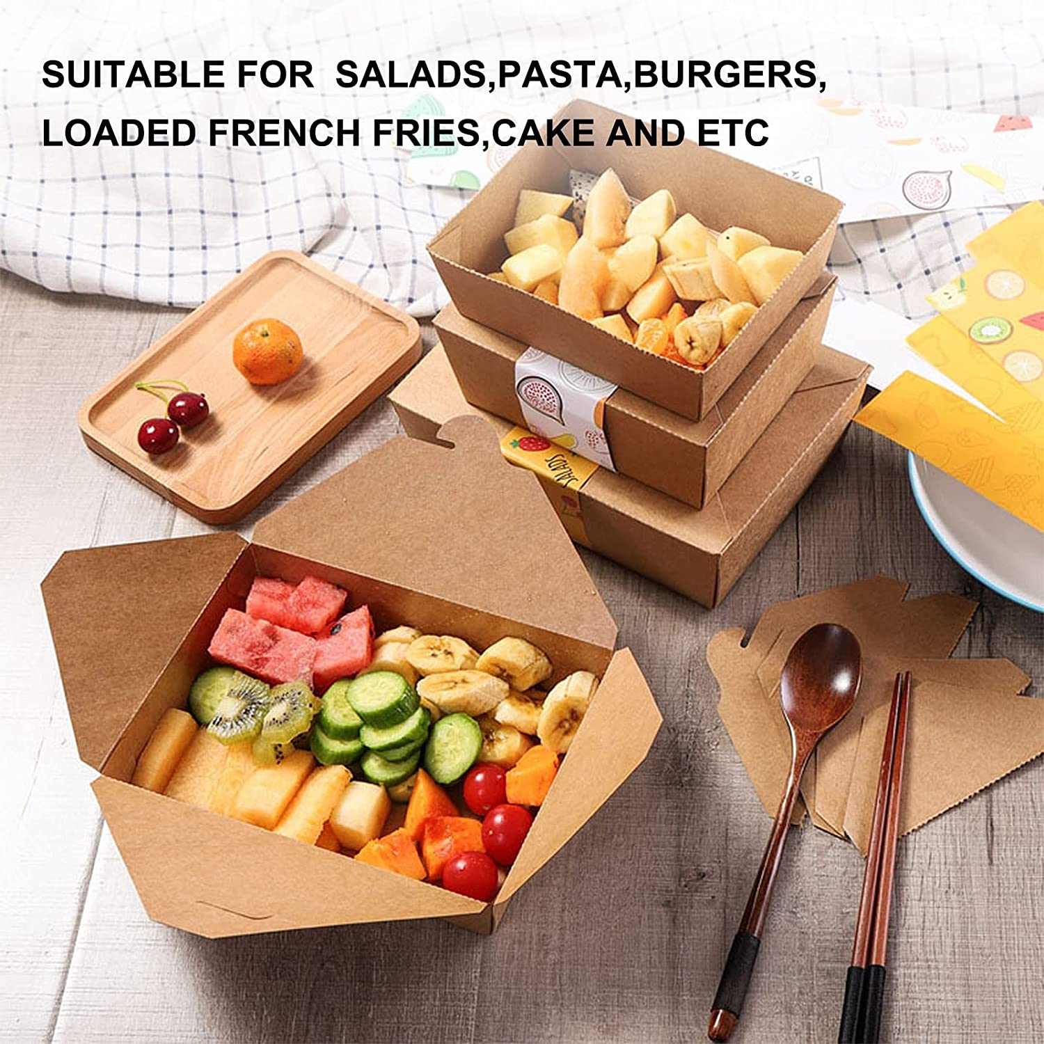 Uchampak - Paper Take Out Container Kraft Meal Food Boxes, Disposable Storage to Go Packaging Microwave Safe Leak Grease Resistant Bio Box - Image 3