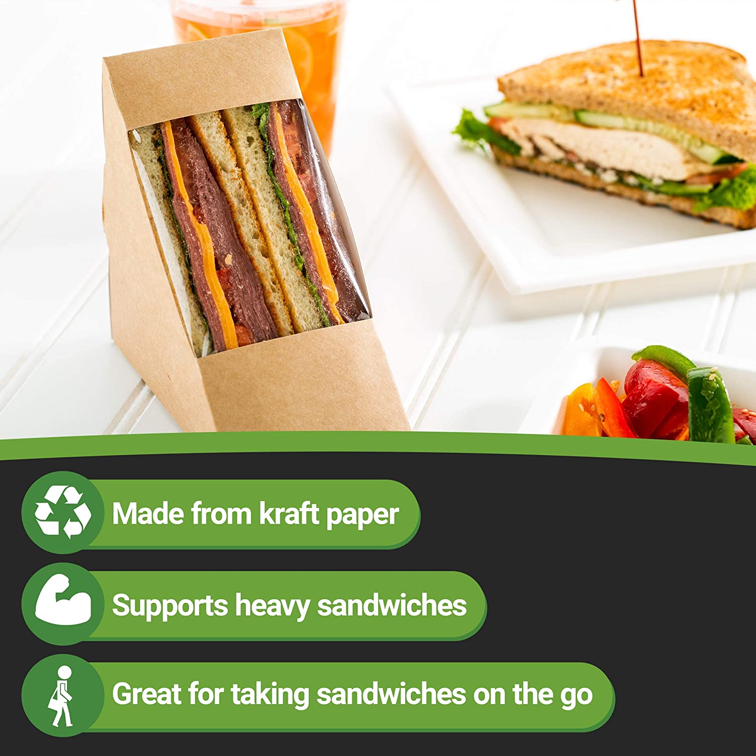 Uchampak- Disposable Sandwich Wedge Box, Kraft Paper Sandwich Takeaway Box-Triangle Sandwich Box with Window - Image 6