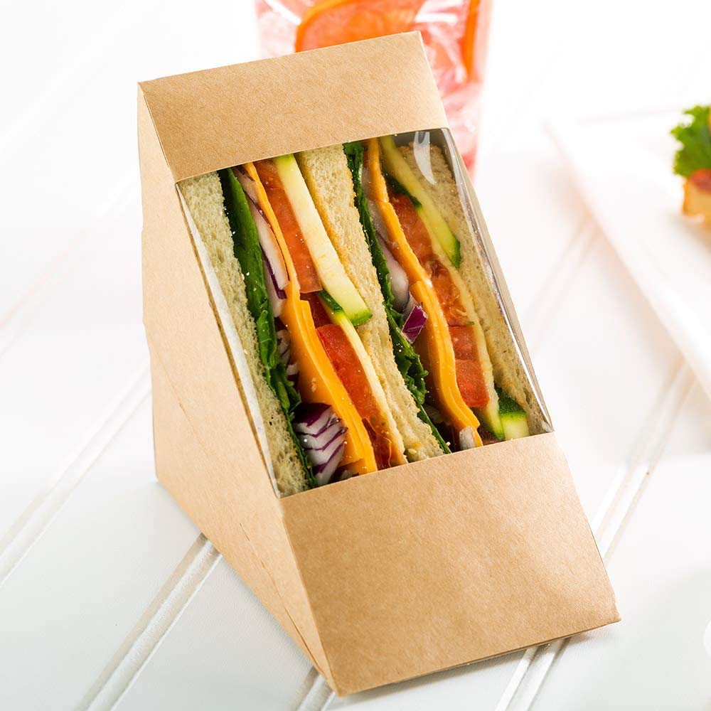 Uchampak- Disposable Sandwich Wedge Box, Kraft Paper Sandwich Takeaway Box-Triangle Sandwich Box with Window - Image 8