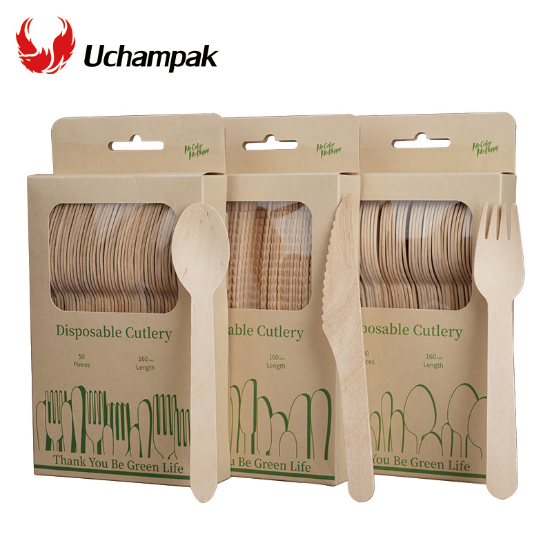 50 pieces 160mm disposable wooden cutlery set wooden spoon fork and knife