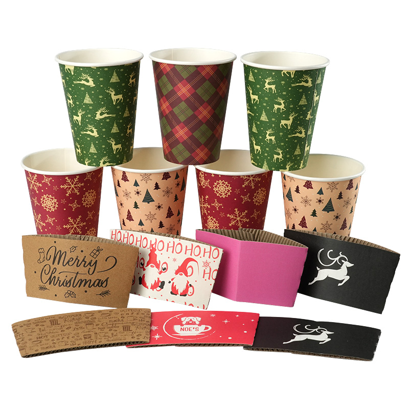 Cheap Christmas Style disposable cup sleeve Custom Logo Disposable Singer Side Printing Milk Tea Coffee Paper Cup Sleeve