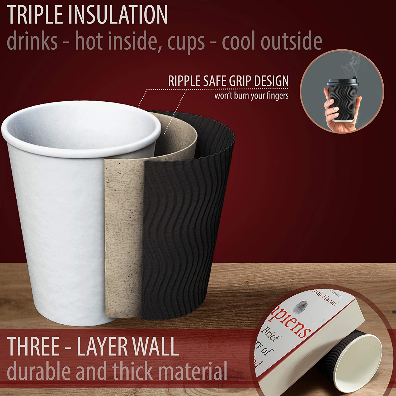 Uchampak - Hot Coffee Paper Cup Disposable Double Wall 12oz 16oz 20oz to go cups Printed cups Ripple wall cup