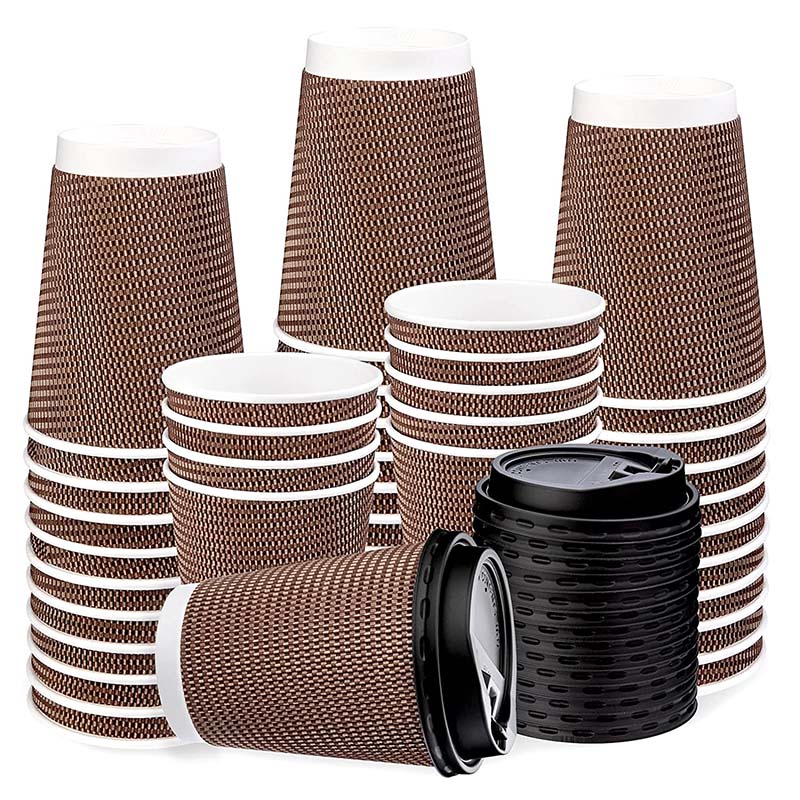 Uchampak- Hot Coffee Paper Cup Black Disposable Double Wall Custom Logo8oz 12oz Style Time Packaging Ripple wall cup