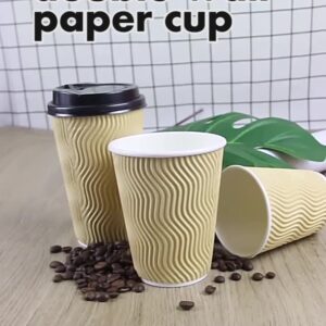 Uchampak- Disposable Paper Cups with White Lids Ripple Insulated Kraft for Hot /Cold Drinks Ripple wall cup