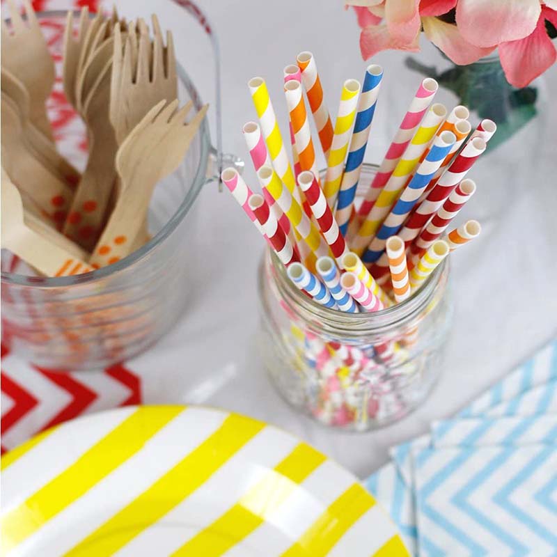 Uchampak - Biodegradable Paper Straws Bulk Assorted Rainbow Colors Striped Drinking Straws for Juice, shakes Accessories1