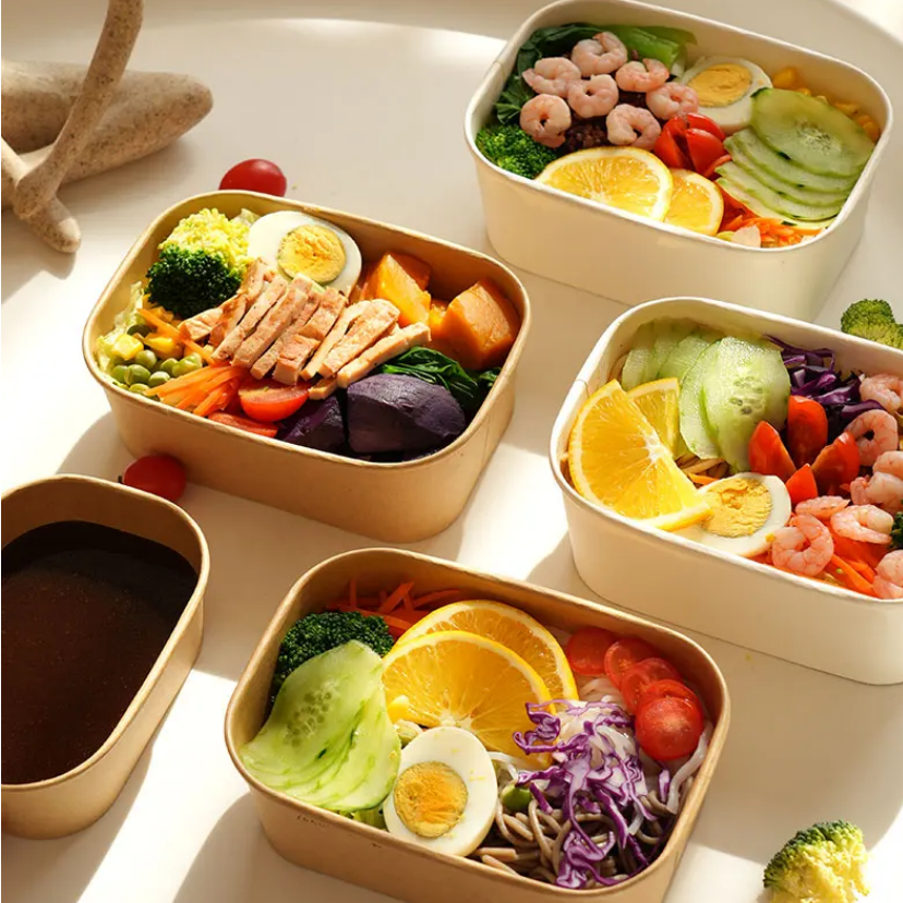 Factory custom Food grade lunch food container takeaway Brown Kraft Paper snack salad disposable rectangle square bowl