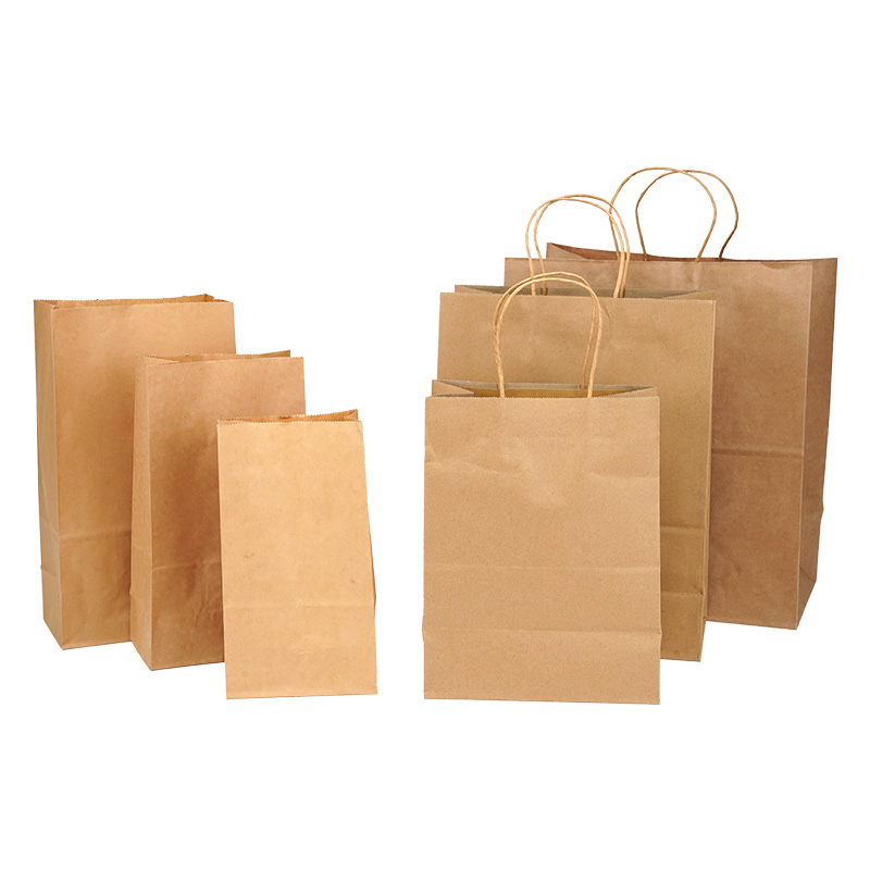 Factory Custom Printing logo Sizes Food Packaging Square Flat Bottom Paper Bag Brown Kraft Paper Bag With Handle